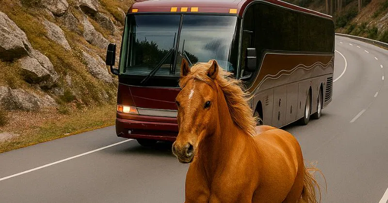While riding the bus, passengers spotted a horse effortlessly keeping pace — panic arose when they discovered the cause of its unusual behavior